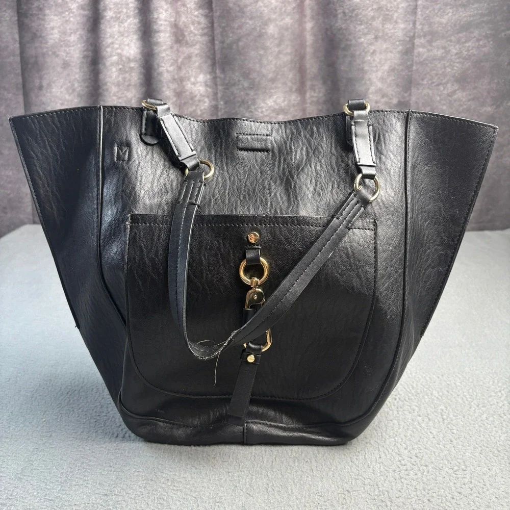 Calvin Klein Black Faux Leather Winged Tote Bag Gold Hardware Handbag